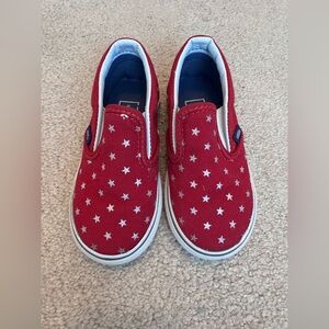Red Vans with Metallic Silver Stars Kids Slip-On Shoes - Size 7